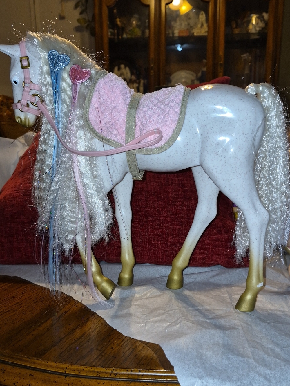White Speckled Toy Horse with Pink Saddle and Gold Hooves
